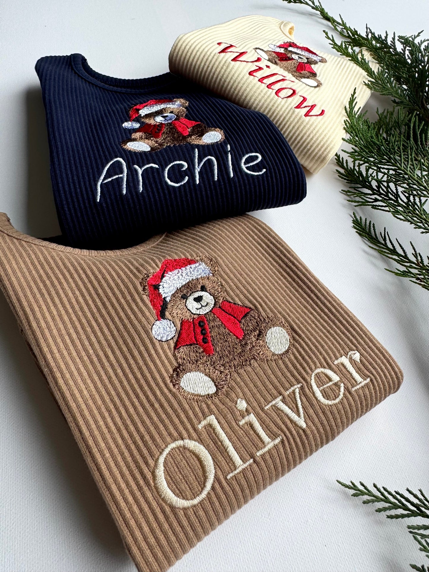 Luxurious personalised Christmas lounge set by DreamBuy featuring festive teddy embroidery, ideal for cozy celebrations and family gatherings this holiday season.