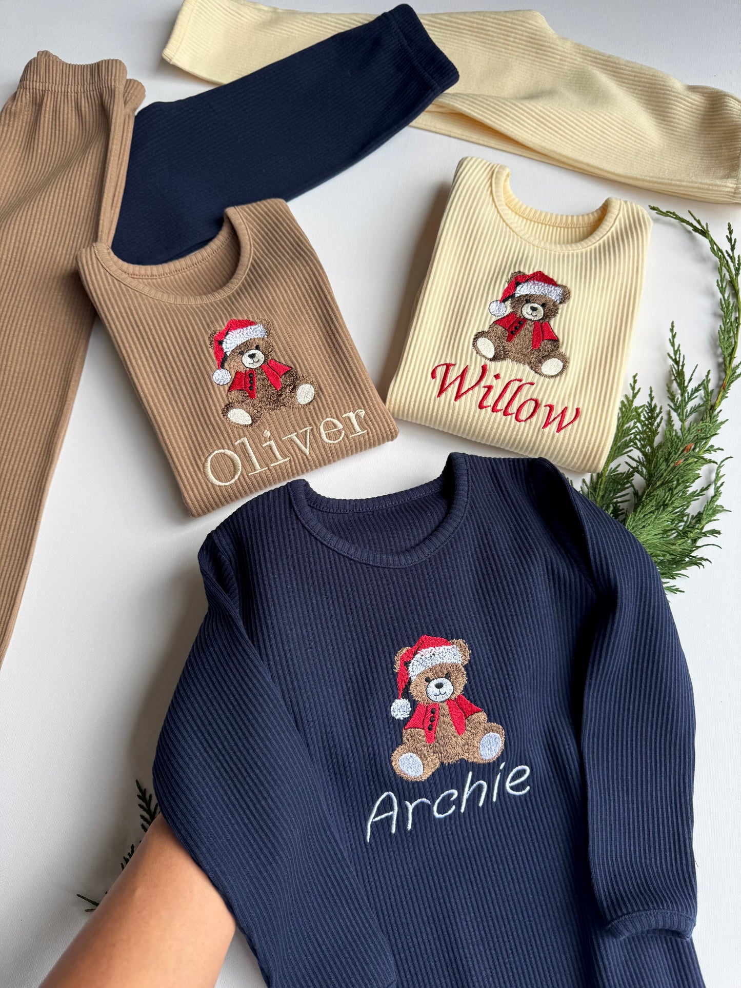 Luxurious personalized Christmas lounge set by DreamBuy featuring elegant festive teddy embroidery, perfect for creating special holiday memories.