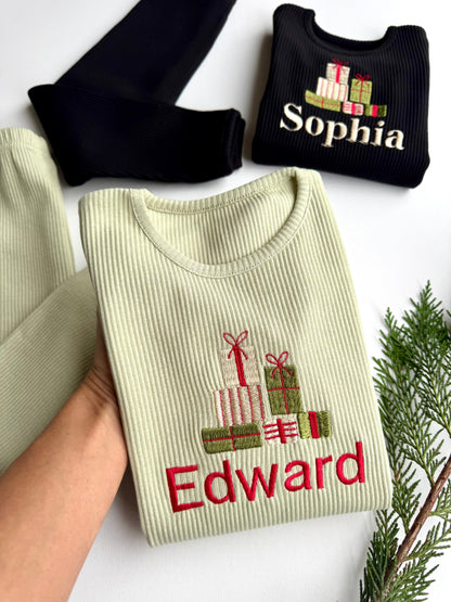 Luxury Personalized Christmas Lounge Set by DreamBuy featuring a stylish embroidered gift box design, perfect for festive relaxation and family celebrations.