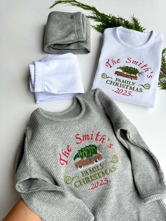 Luxurious personalized family matching Christmas pyjamas set from DreamBuy featuring a charming Christmas Tree Car design, perfect for holiday celebrations.