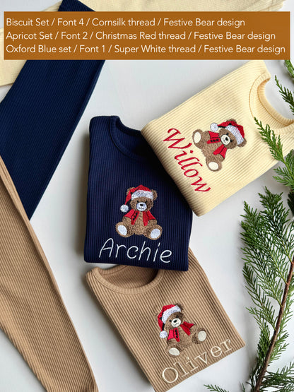 Elegant Christmas lounge set by DreamBuy, showcasing exclusive teddy embroidery, ideal for cozy family gatherings and photo moments.