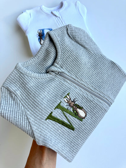 Luxurious personalized Woodland Bunny zip romper for babies from DreamBuy, ideal for Easter celebrations.
