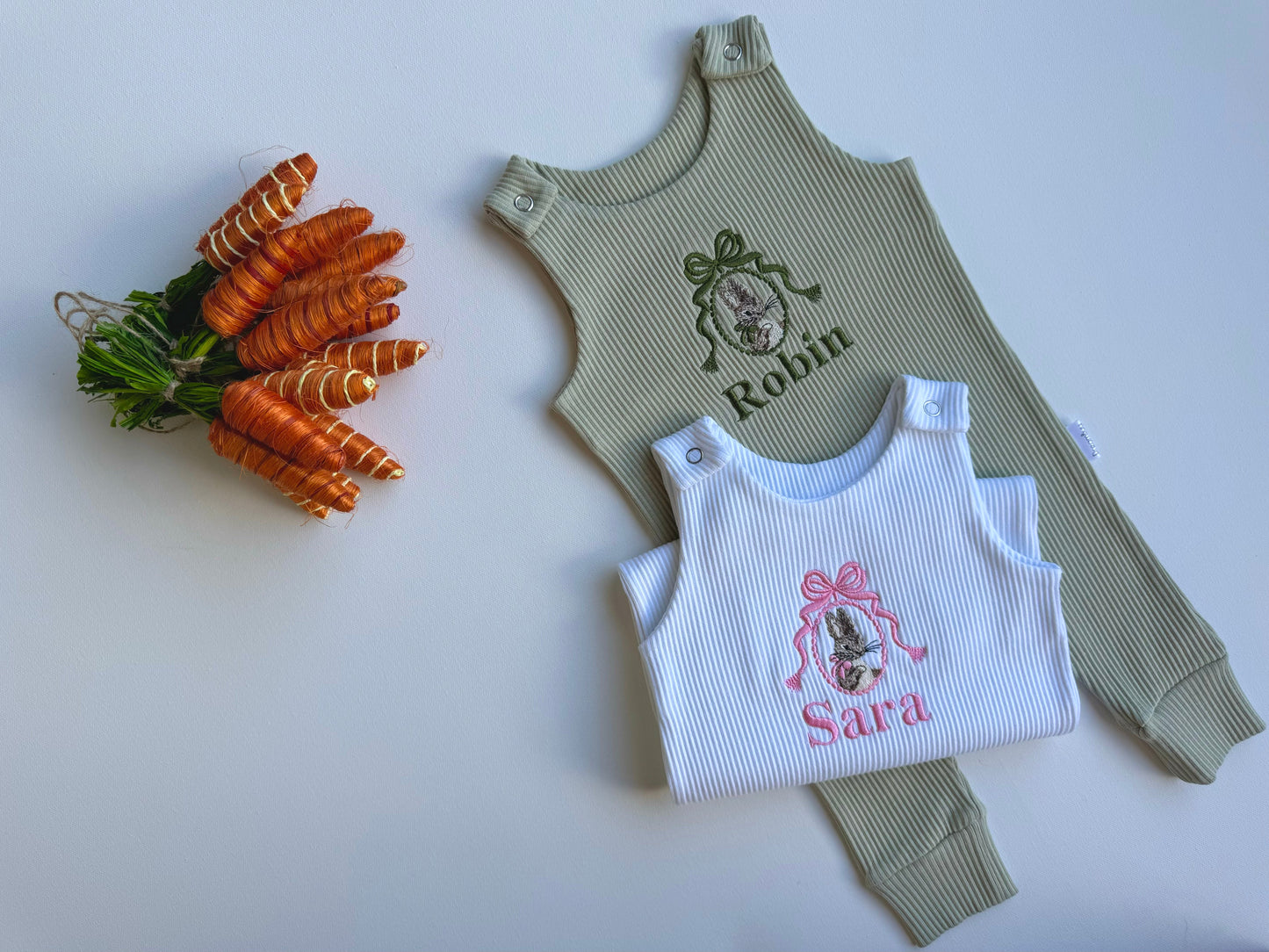 Elegant personalised Easter Bunny baby dungarees by DreamBuy, featuring soft cotton fabric and delicate embroidery, perfect for a luxurious spring celebration.