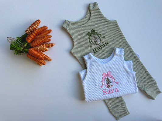 Elegant personalised Easter Bunny baby dungarees by DreamBuy, featuring soft cotton fabric and delicate embroidery, perfect for a luxurious spring celebration.
