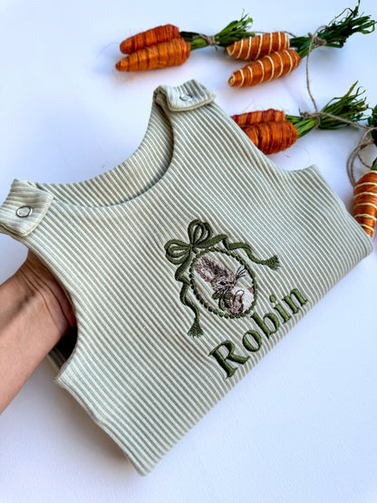 Elegant personalised Easter Bunny baby dungarees by DreamBuy, crafted from soft cotton, featuring exquisite embroidered bunny design, perfect gift for infants celebrating their first Easter.