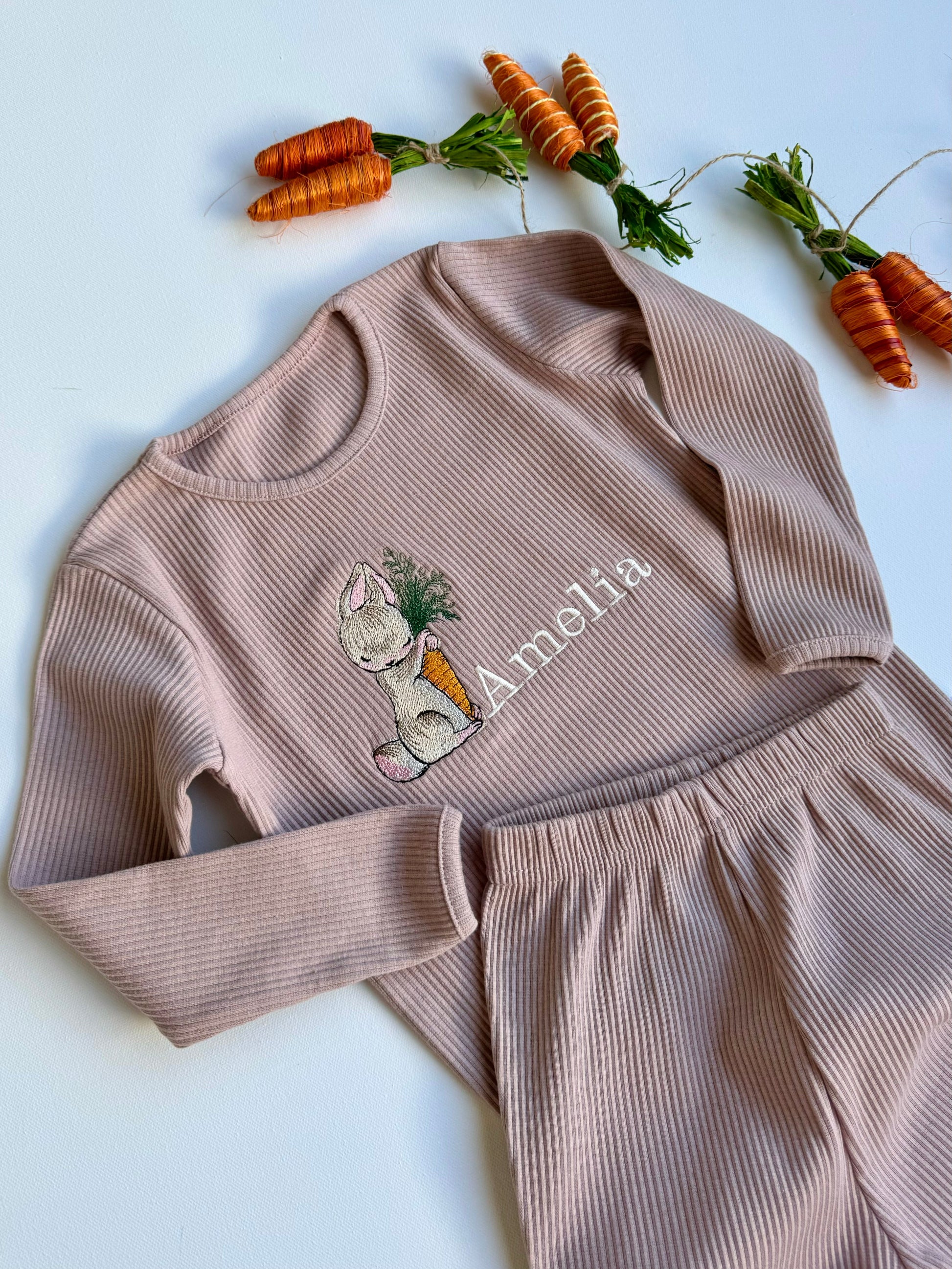 Luxury Personalized Easter Bunny Lounge Set for Kids by DreamBuy, featuring a soft fabric and adorable bunny embroidery design.