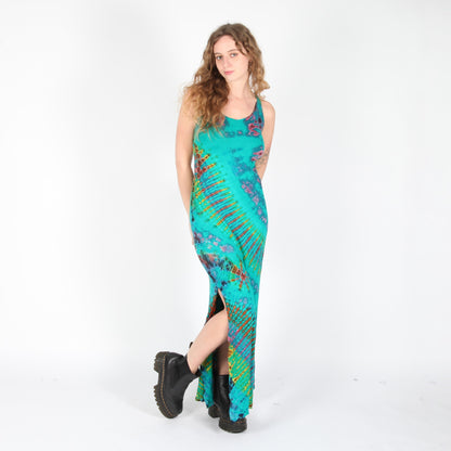 Elegant full-body shot of the Vivid Tie Dye Bodycon Maxi Dress, capturing its graceful silhouette and luxurious fabric drape.