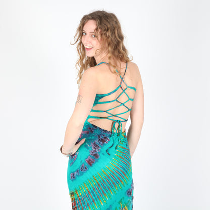 Vivid tie dye bodycon maxi dress showcasing strappy lattice back in luxurious vibrant colours, perfect for summer events.