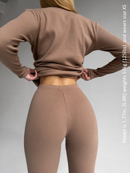 Elegant family pyjamas set by DreamBuy in Biscuit colour, featuring minimalist style with long-sleeved top and drawstring pants for ultimate comfort.