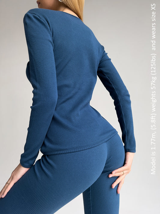 Luxurious Midnight Blue Adult 2-Piece Pyjama Set by DreamBuy, showcasing premium cotton fabric with breathable texture and comfort fit.