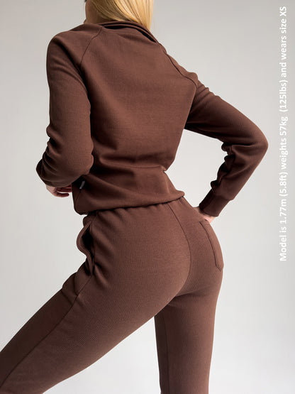 Chic walnut-colored tracksuit from DreamBuy, highlighting its double-layered collar and ultimate comfort for all-day wear.