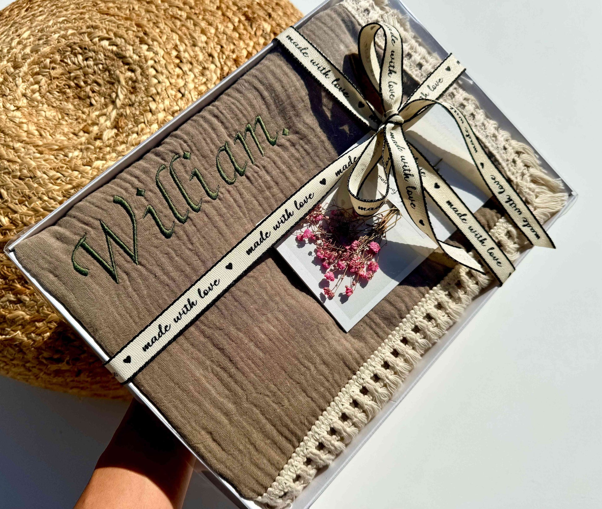 Luxurious taupe personalized muslin baby blanket by DreamBuy, made from 100% cotton, measuring 100x120 cm, perfect as a keepsake gift for newborns.