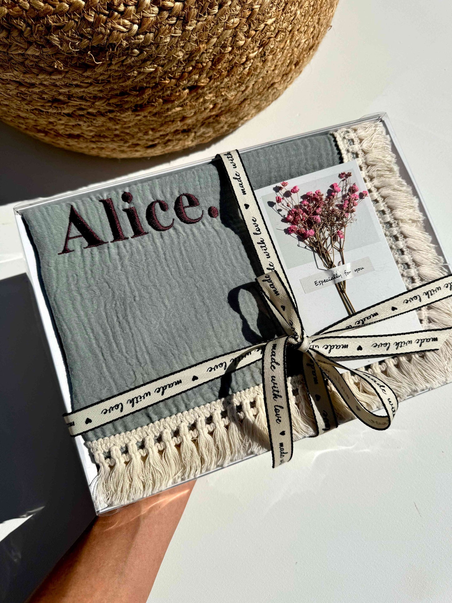 Opulent gift-ready option by DreamBuy showcasing a personalized cotton muslin baby blanket in a beautifully curated box, perfect for special occasions.