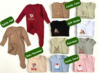 Personalised Luxury Christmas Reindeer Zip Sleepsuit for infants by DreamBuy, perfect for memorable family holiday photos.