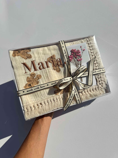 DreamBuy's taupe personalized baby blanket, showcasing a generous size of 100x120 cm, perfect for use as a crib blanket or stroller cover.