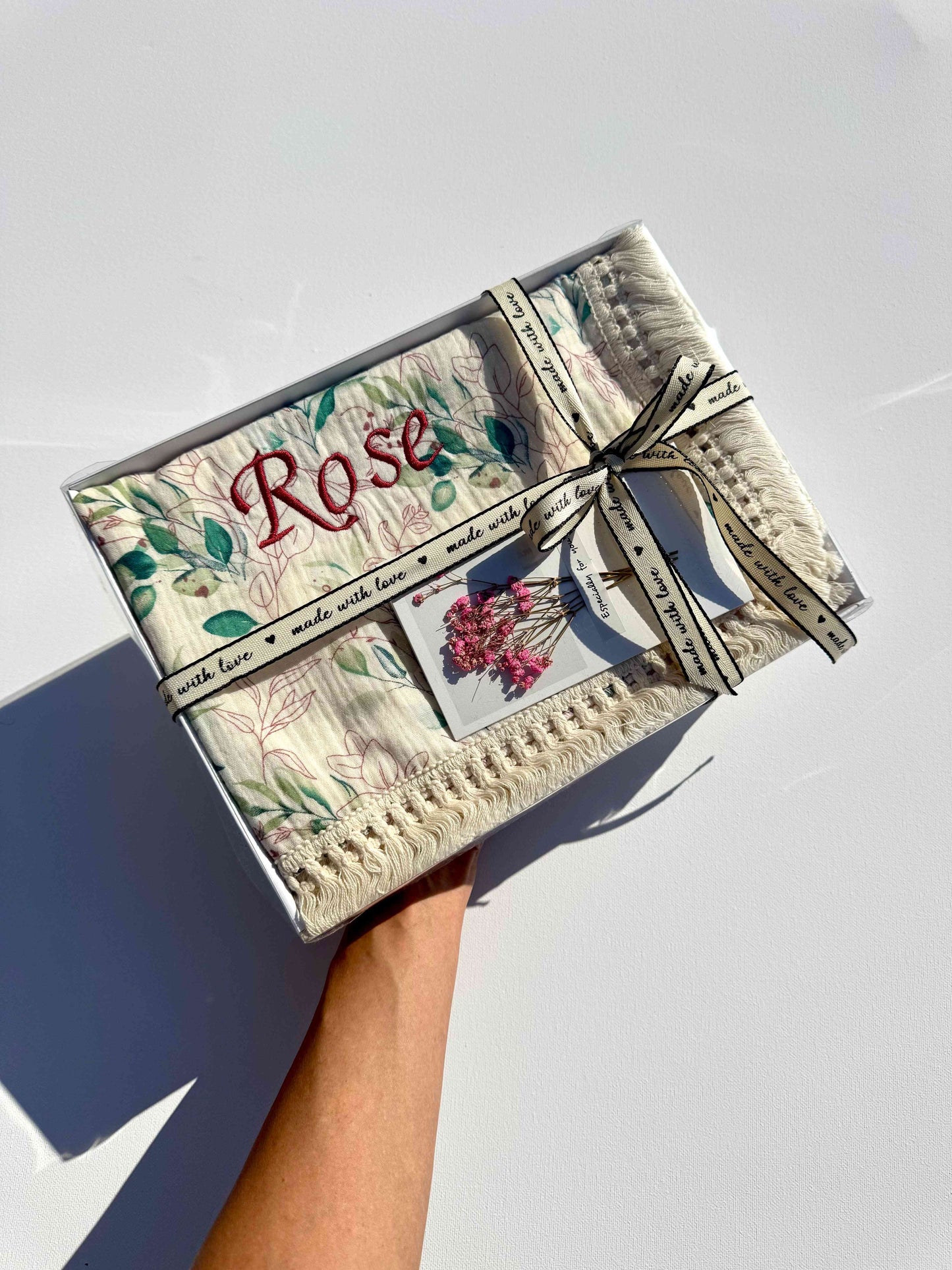 Exquisite personalized muslin baby blanket gift by DreamBuy, available in elegant packaging, ideal for thoughtful baby gifts and keepsakes.