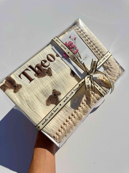 Stylish dusty pink personalized muslin baby blanket by DreamBuy, the ultimate luxury gift for new parents, featuring expert embroidery and premium softness.