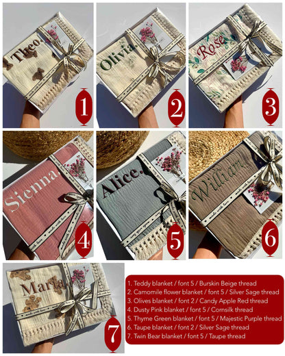 DreamBuy's exquisite personalized muslin blanket, beautifully presented with custom embroidery, ideal as a timeless keepsake gift for precious little ones.