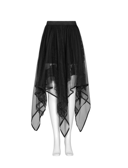 Punk Rave Caitlyn Handkerchief Skirt in Mesh & Lace - Gothic Elegance with Embroidered Waist