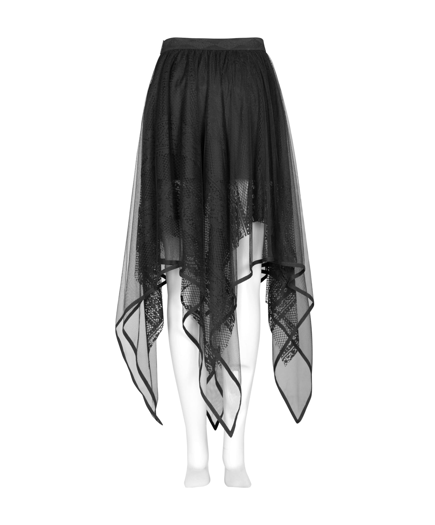 Punk Rave Caitlyn Handkerchief Skirt in Mesh & Lace - Gothic Elegance with Embroidered Waist