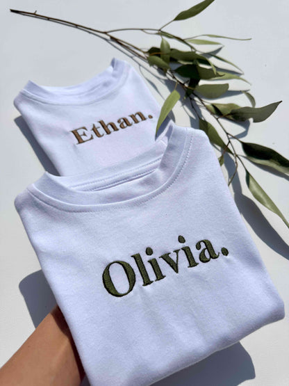 Luxury personalised kids embroidered crewneck t-shirt by DreamBuy in soft cotton fabric, perfect for summer adventures.