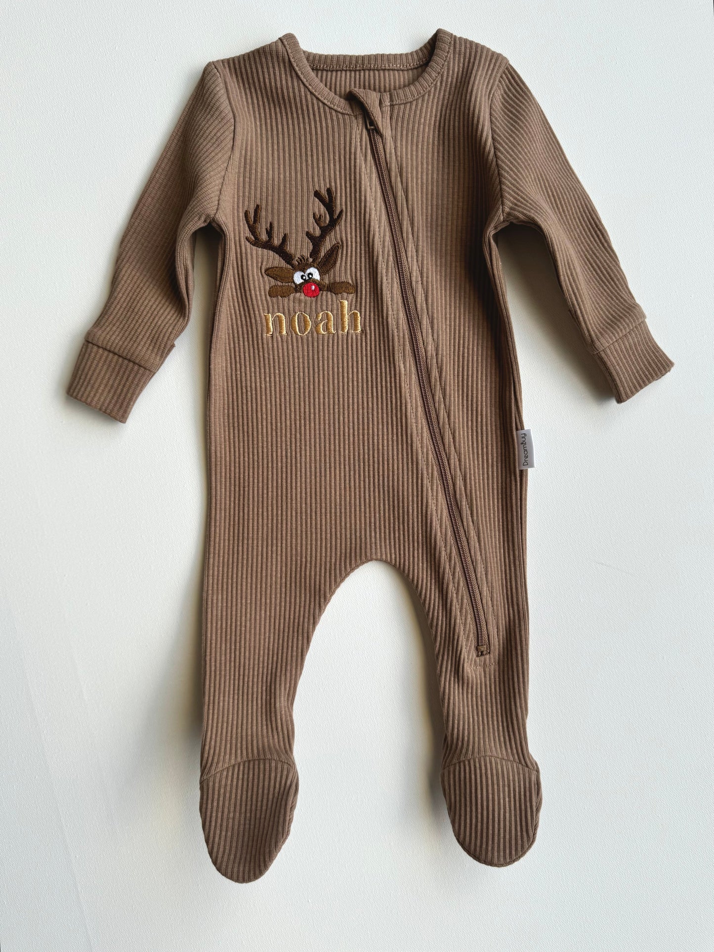 Luxury Christmas Reindeer Zip Sleepsuit for Infants by DreamBuy featuring adorable embroidered reindeer design.