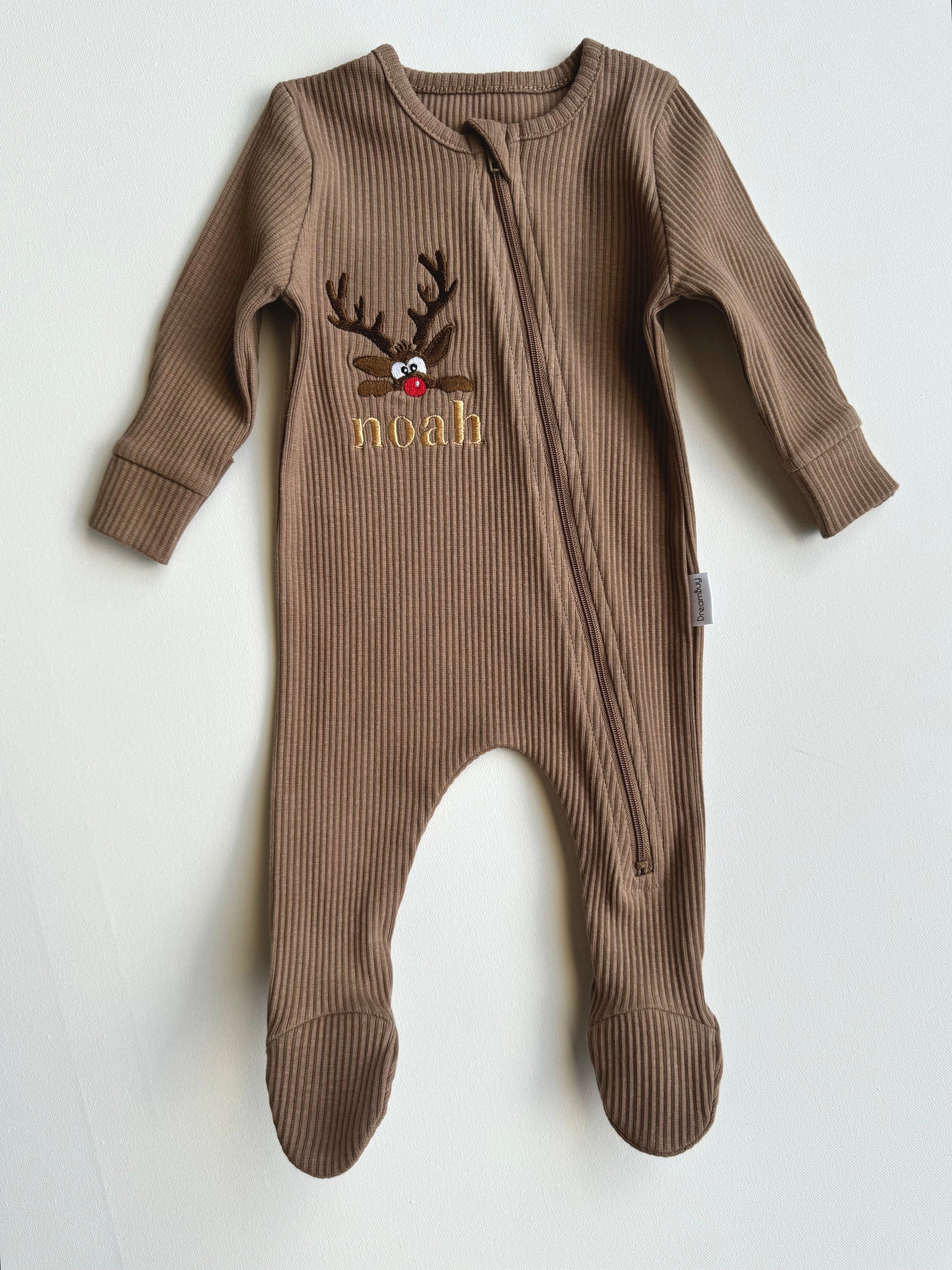 Luxury Christmas Reindeer Zip Sleepsuit for Infants by DreamBuy featuring adorable embroidered reindeer design.