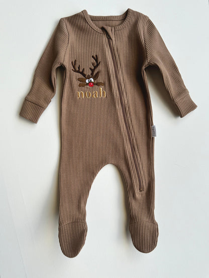 Luxury Christmas Reindeer Zip Sleepsuit for Infants by DreamBuy featuring adorable embroidered reindeer design.
