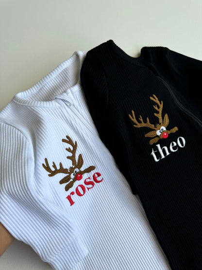 Luxury DreamBuy Christmas Reindeer Zip Sleepsuit displayed in various sizes, ideal for infants 0-36 months.