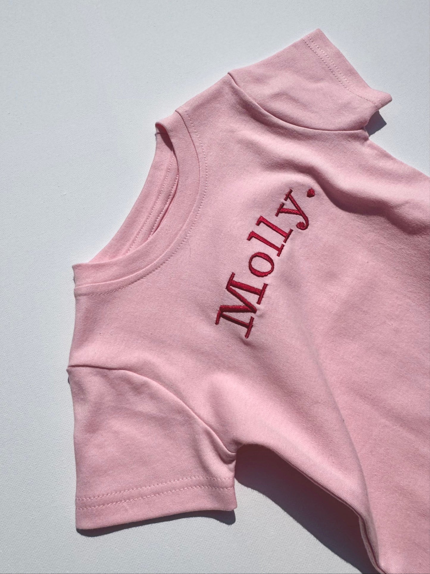 Personalised Ballet Pink Kids Crewneck T-Shirt by DreamBuy, featuring soft cotton fabric and custom embroidery for ages 1-5.