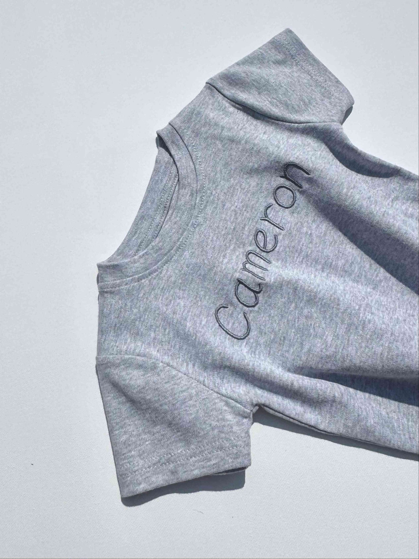 Personalised embroidered kids crewneck t-shirt by DreamBuy in soft cotton, ideal for ages 1-5, perfect for summer outfits.