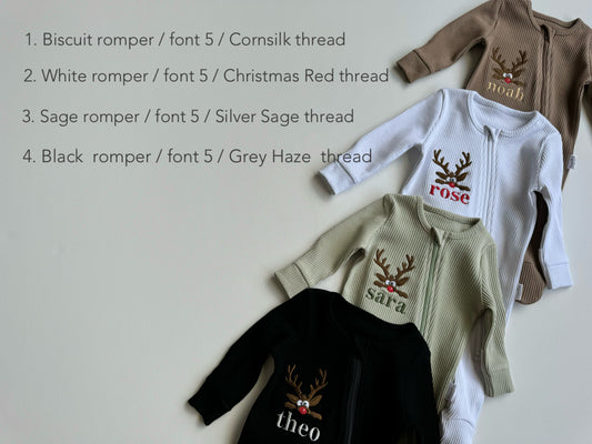 Close-up of the luxurious fabric of the Christmas Reindeer Sleepsuit for infants by DreamBuy, showcasing elegant stitching and comfort.