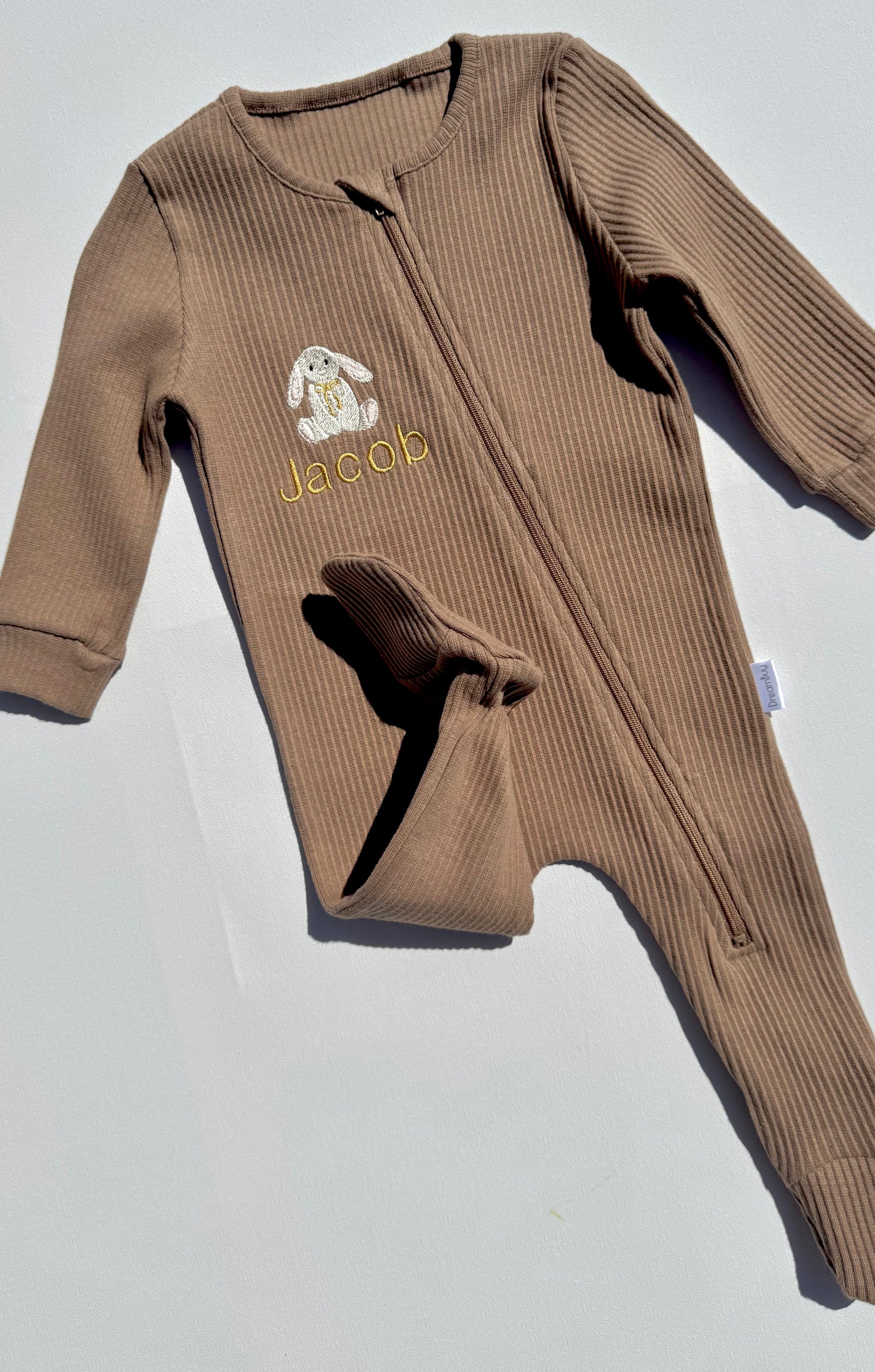 Luxury personalised bunny zip romper for baby by DreamBuy, featuring exquisite safari animal embroidery.