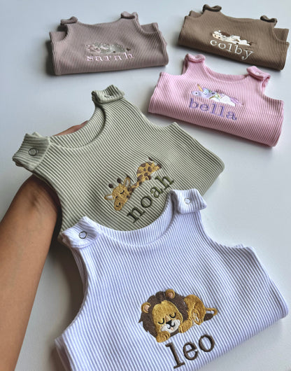 Elegant children's dungarees with farm animal designs and custom name option, crafted by DreamBuy.
