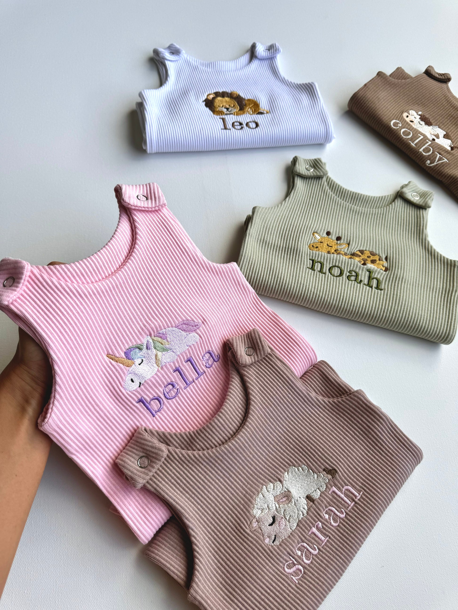 Luxury Personalised Safari Dungarees for Baby by DreamBuy featuring elegant embroidery of jungle animals.