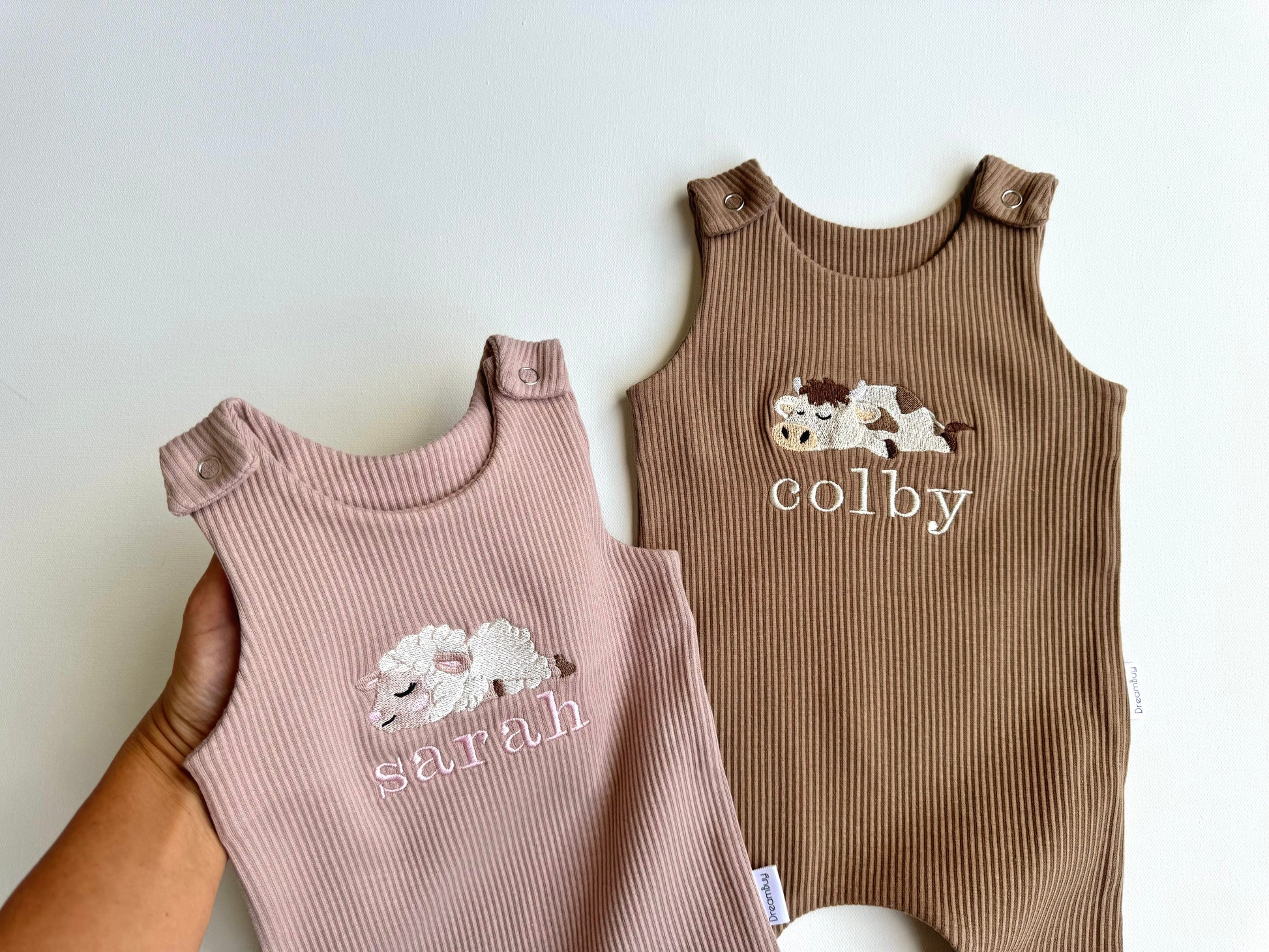 DreamBuy's personalized safari dungarees against a vibrant backdrop, perfect for adding a touch of adventure to your baby's wardrobe.