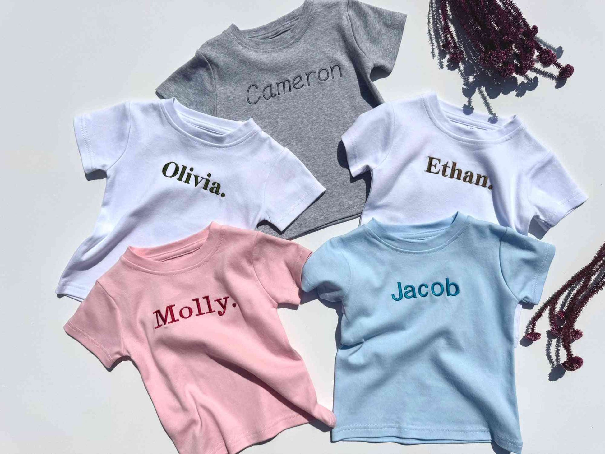 DreamBuy personalised crewneck t-shirt for children aged 1-5, showcasing high-quality cotton and exquisite embroidered design.