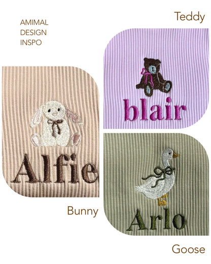 Luxury personalised goose-themed baby zip romper by DreamBuy featuring exquisite safari animal embroidery in soft cotton fabric, ideal for stylish infant comfort.