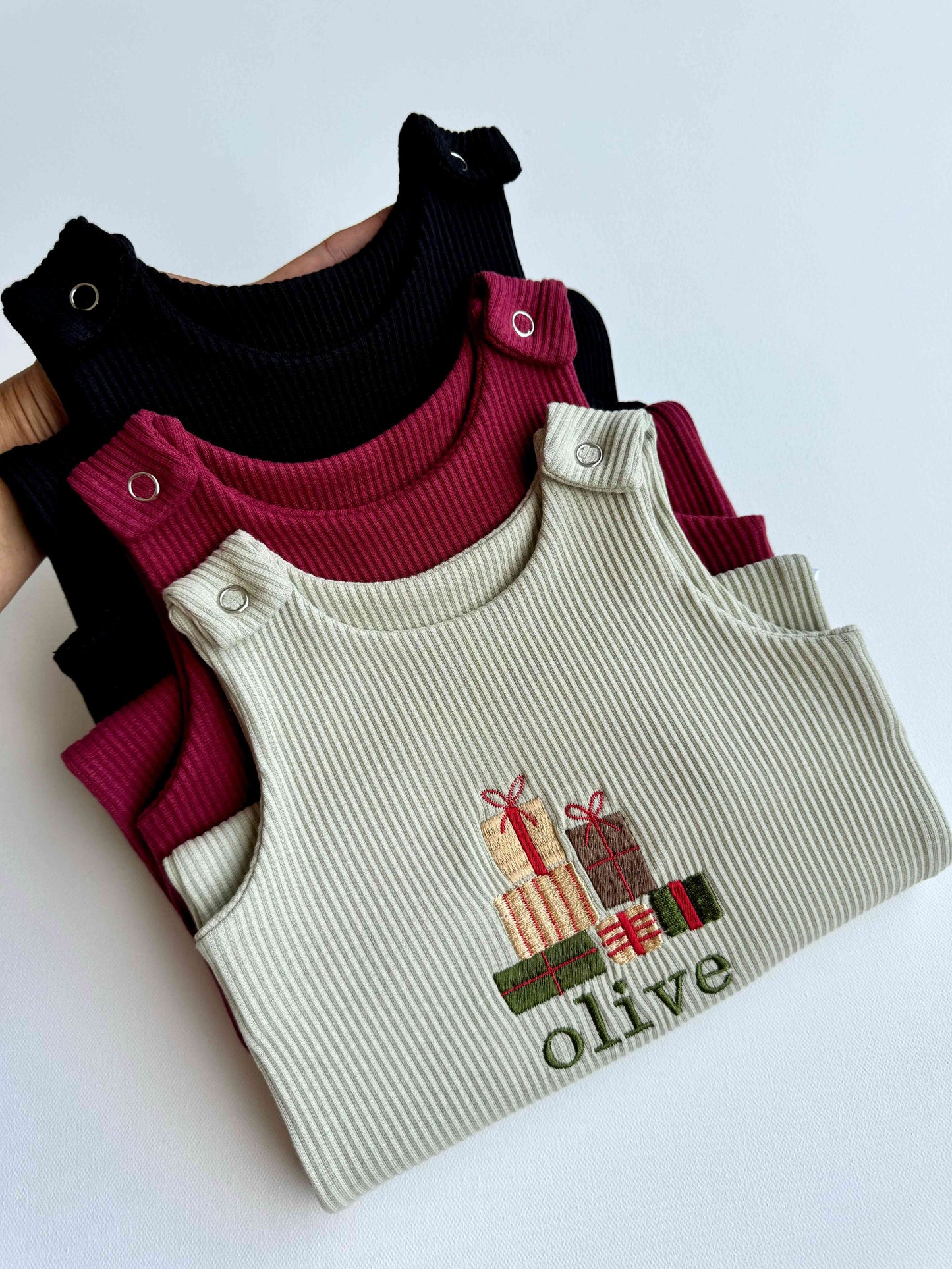Luxury personalized Christmas gift box dungarees for baby by DreamBuy, featuring festive design perfect for first Christmas celebrations, crafted from soft ribbed cotton for ultimate comfort.