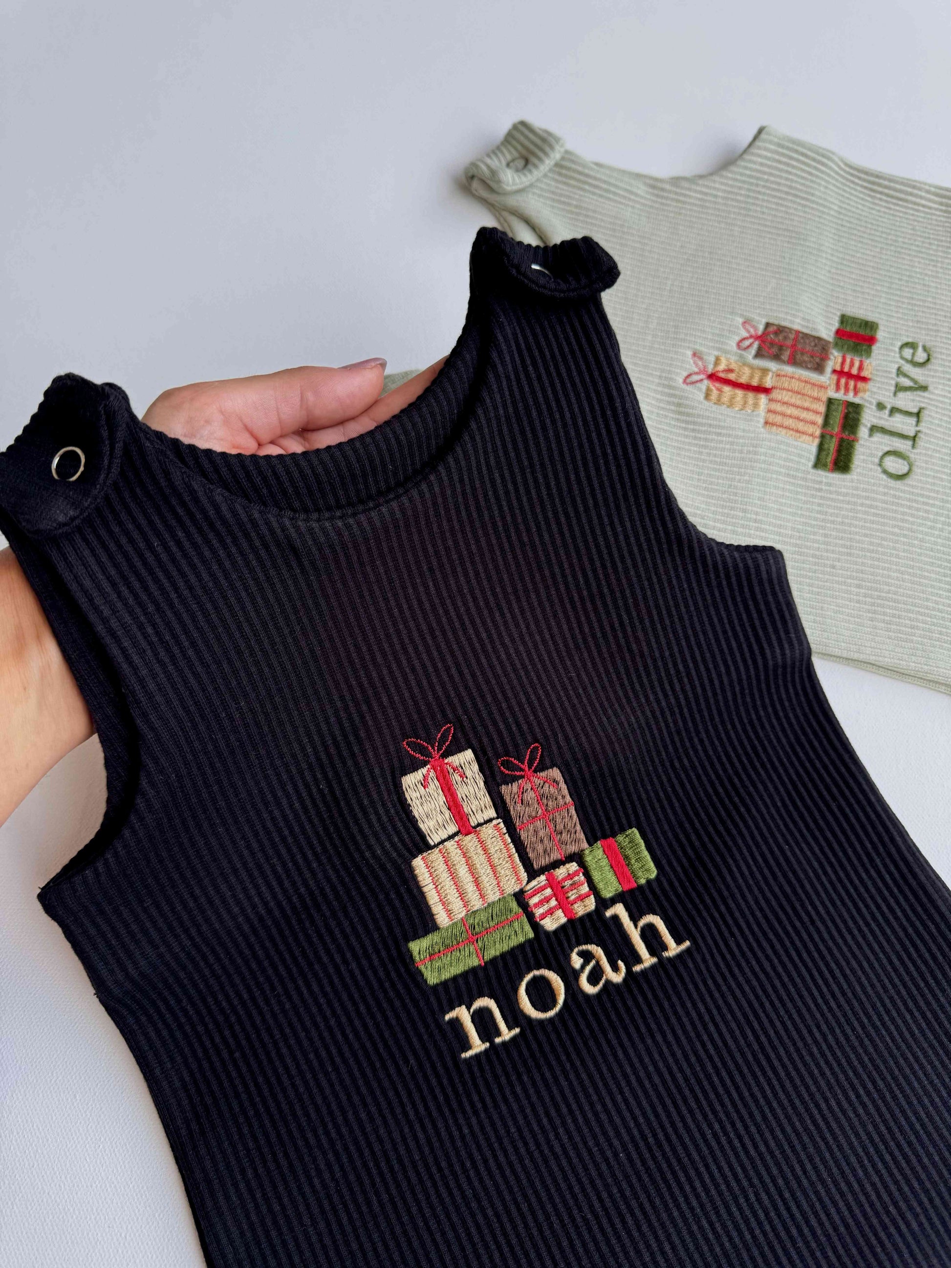 Charming and soft dungarees for babies by DreamBuy, designed for a memorable first Christmas with personalization options.