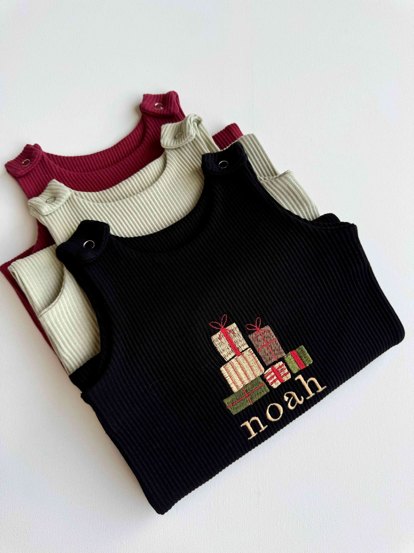 Luxurious personalized Christmas gift box dungarees for baby by DreamBuy, featuring embroidered festive designs perfect for first Christmas celebrations.