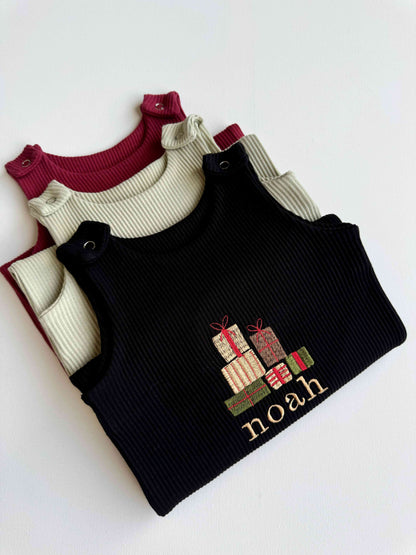 Luxurious personalized Christmas gift box dungarees for baby by DreamBuy, featuring embroidered festive designs perfect for first Christmas celebrations.