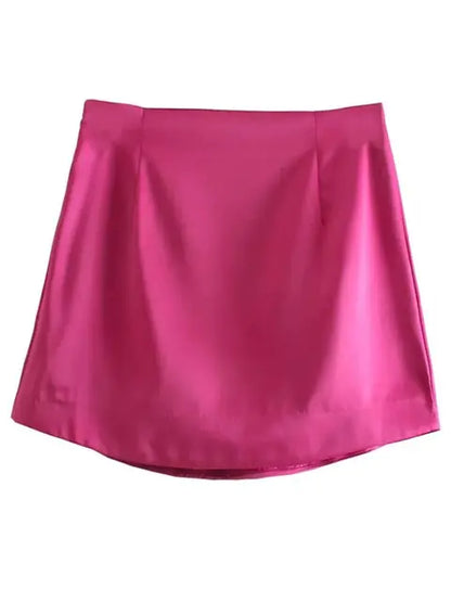 Luxurious Satin Short Skirt for Women - Chic High Waist Design presented in a striking pink hue, highlighting its elegant silhouette ideal for any fashion-forward wardrobe.