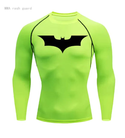 Vibrant men's long sleeve compression shirt in neon green adorned with a black bat emblem, perfect for high-performance activities with UV protection.