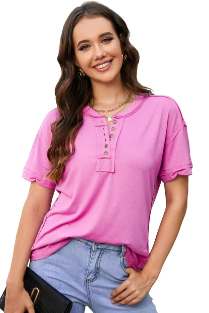 Elegant exposed seam details on Women's Quarter-Button Tee from Dazzling Dreams Studio, designed for a fashionable and modern wardrobe.
