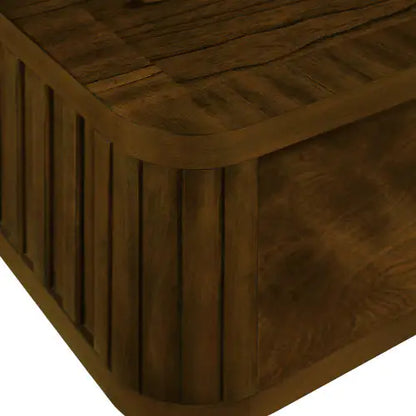 Close-up of a walnut rectangular coffee table highlighting the exquisite wood grain and smooth curved edges, showcasing the premium craftsmanship and elegant design.