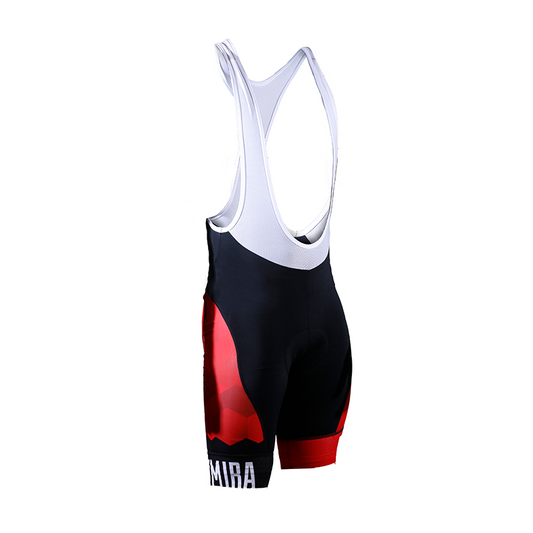 Close-up of KYMIRA Men's Infrared PrO2 Bib Shorts, featuring micro perforated grip bands and Masguant CoolMax pad, highlighting premium craftsmanship and innovative material for optimal comfort and performance.