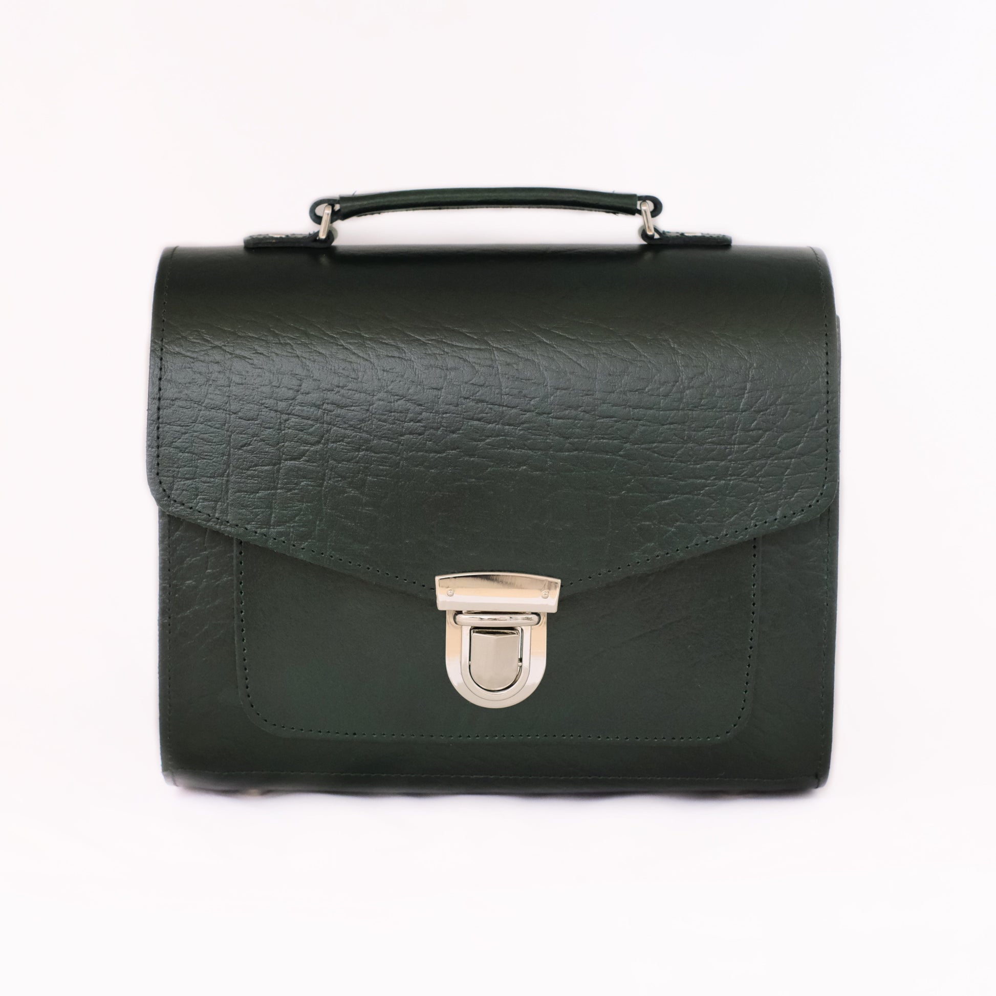 Elegant Executive Handmade Leather Sugarcube Grande Bag in British Racing Green with adjustable strap, showcasing luxurious craftsmanship.