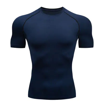 Sophisticated navy blue men's performance compression shirt, crafted for unparalleled comfort and breathability during intense workouts.