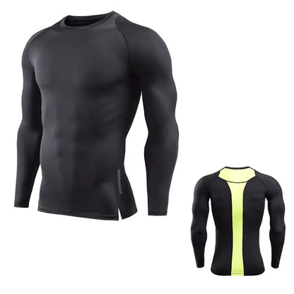 Exquisite men's long sleeve compression shirt in classic black with vibrant lime details, epitomising luxury and functionality for active sports enthusiasts.